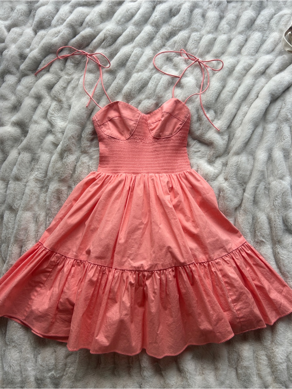 STAUD Coral Pink Tie-Strap Tiered Mini dress